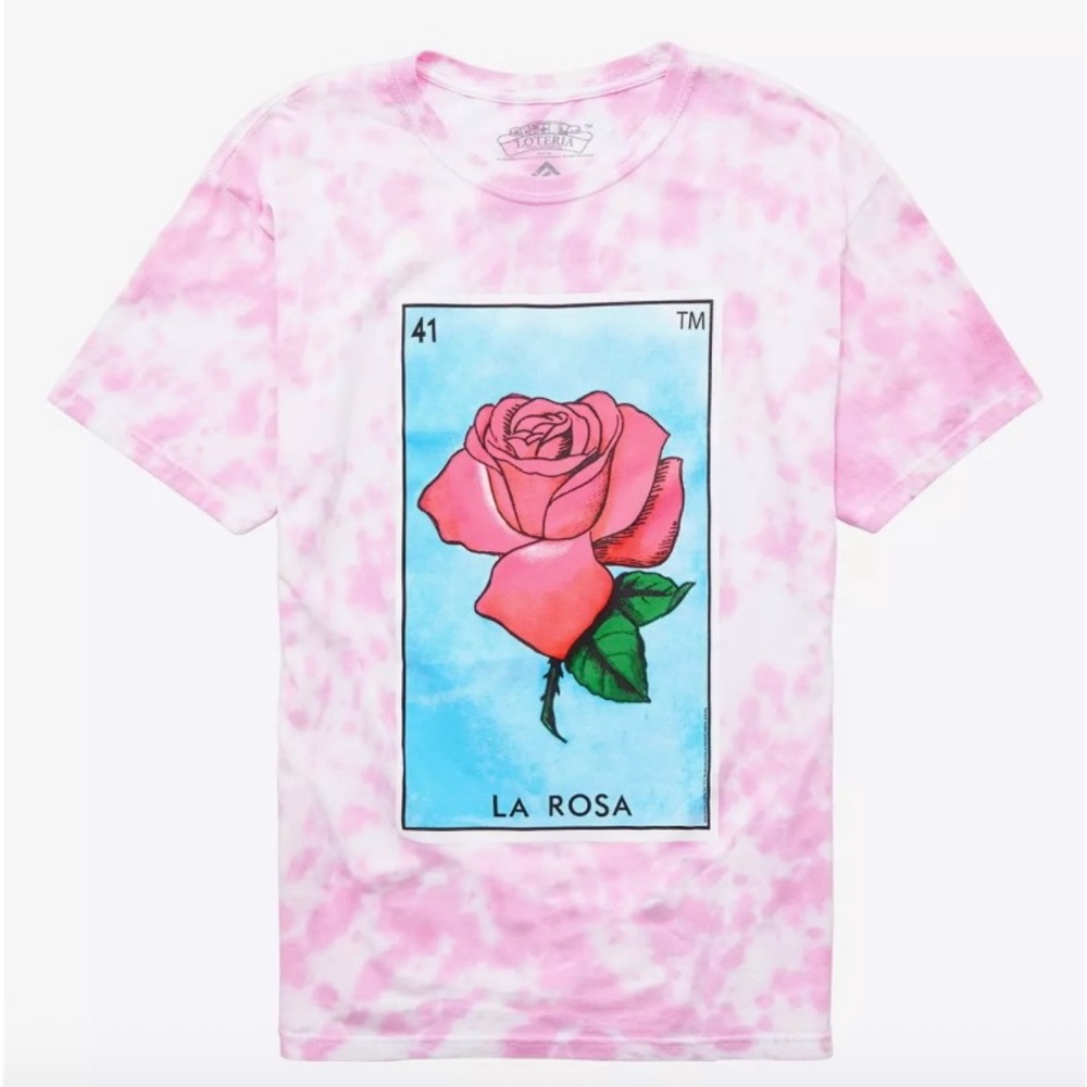 Lotería brand Pink Tie-Dye T-Shirt with La Rosa Graphic